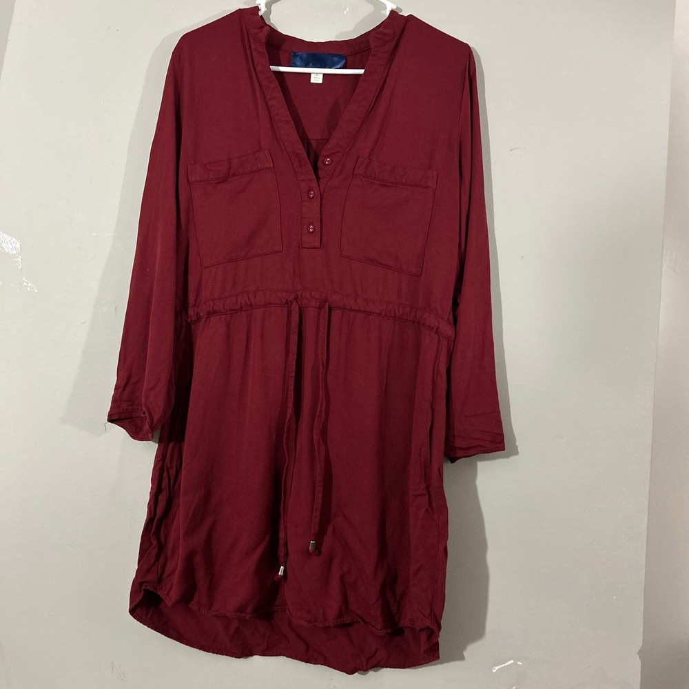 Womens Burgundy Tunic Top Dress‎ Drawstring Waist Pockets V Neck Size L